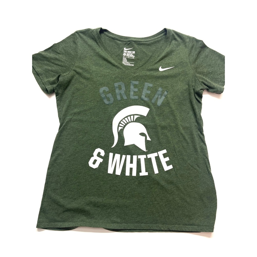 Nike Michigan State Spartans V-Neck T-Shirt XL Green White Athletic Cut Tee 0394